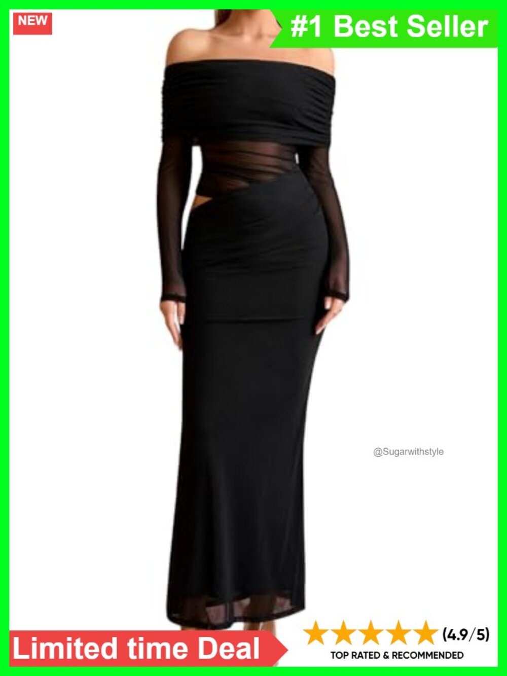 Off Shoulder Long Sleeve Maxi Dress Cutout Mesh Ruched Bodycon